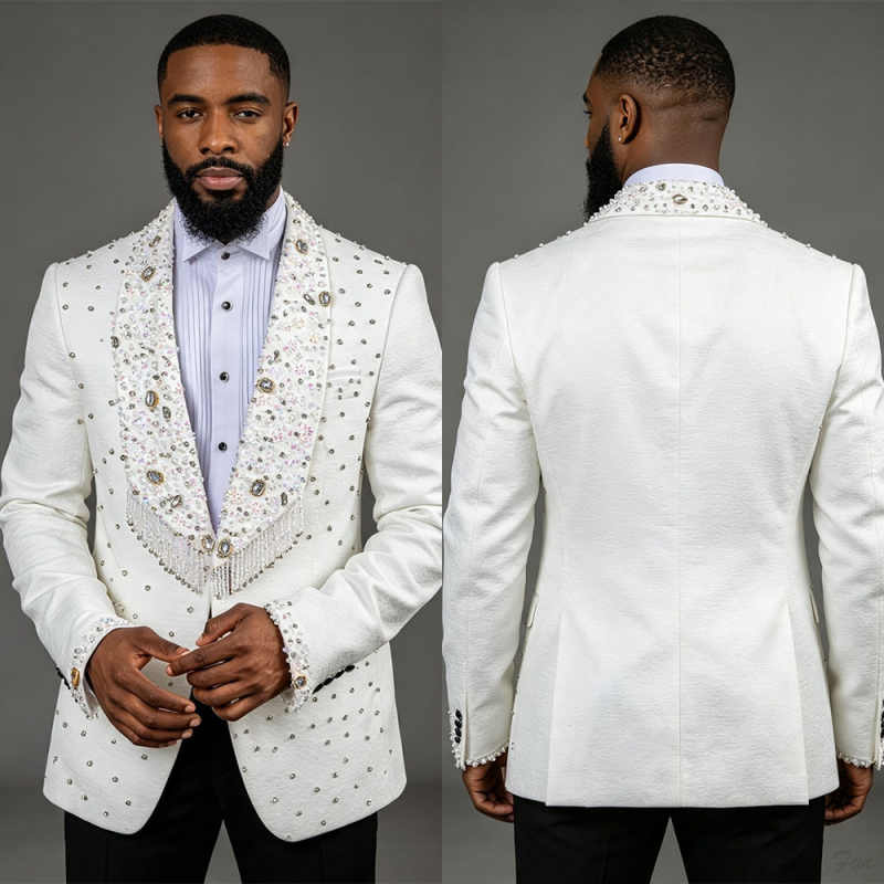 Men'S Formal Wear No Suit - بدلة رجالية فاخرة بيضاء مزينة بأحجار