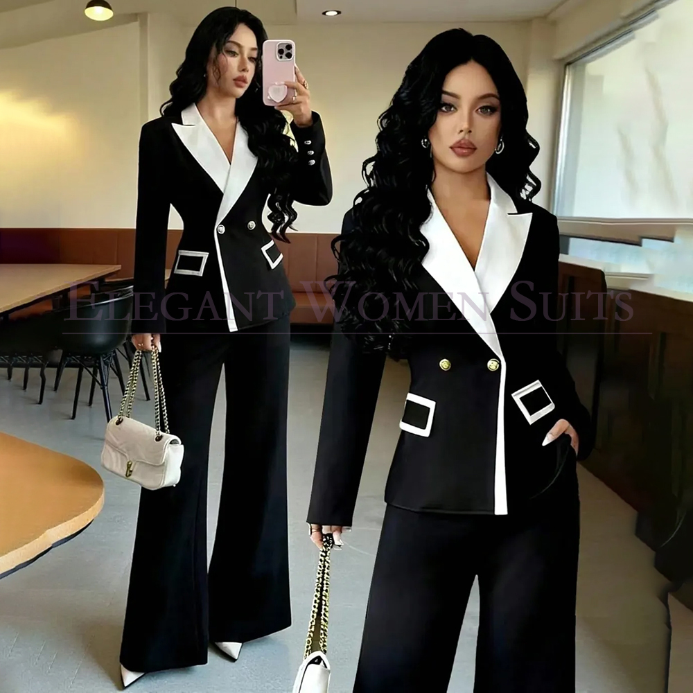 Double Breasted Blazer - بدلات نسائية فاخرة سوداء من قطعتين