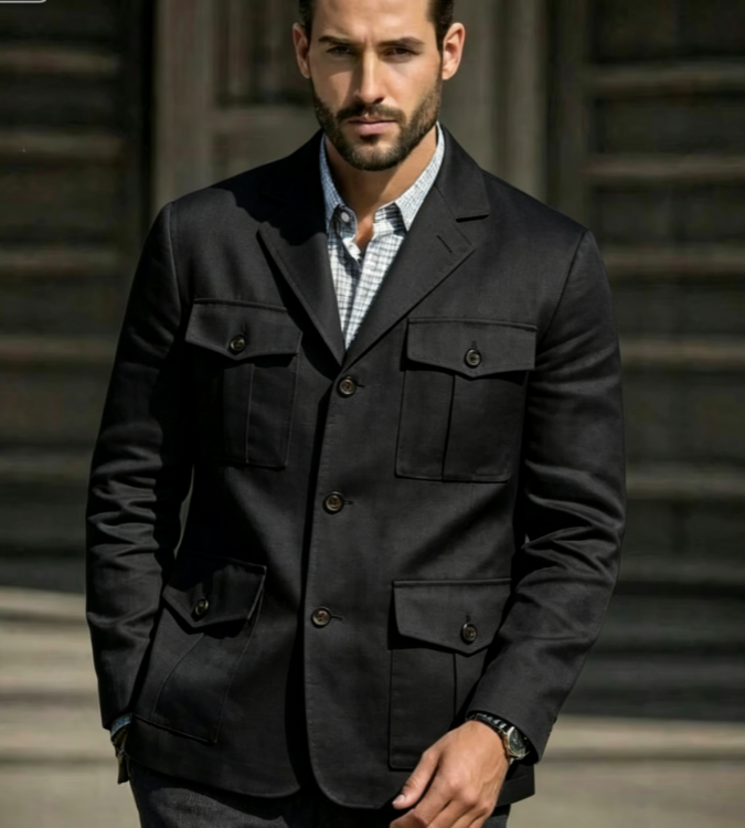 Men'S Formal Resort Wear - سترة سفاري زرقاء من الكتان للرجال،