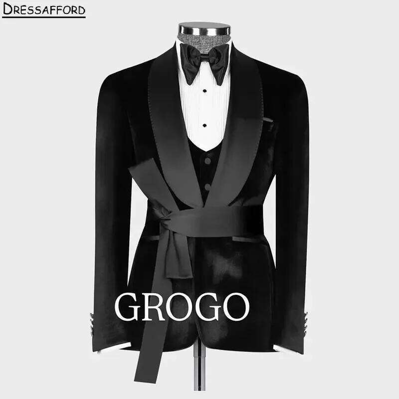 Men'S Formal Wear No Suit - بدلة رسمية سوداء للزفاف مع حزام،