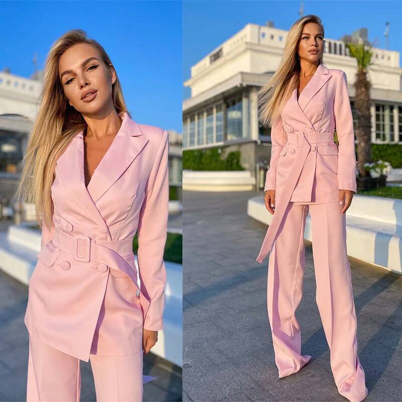 Double Breasted Blazer - بدلات نسائية وردية من قطعتين، بنطلون