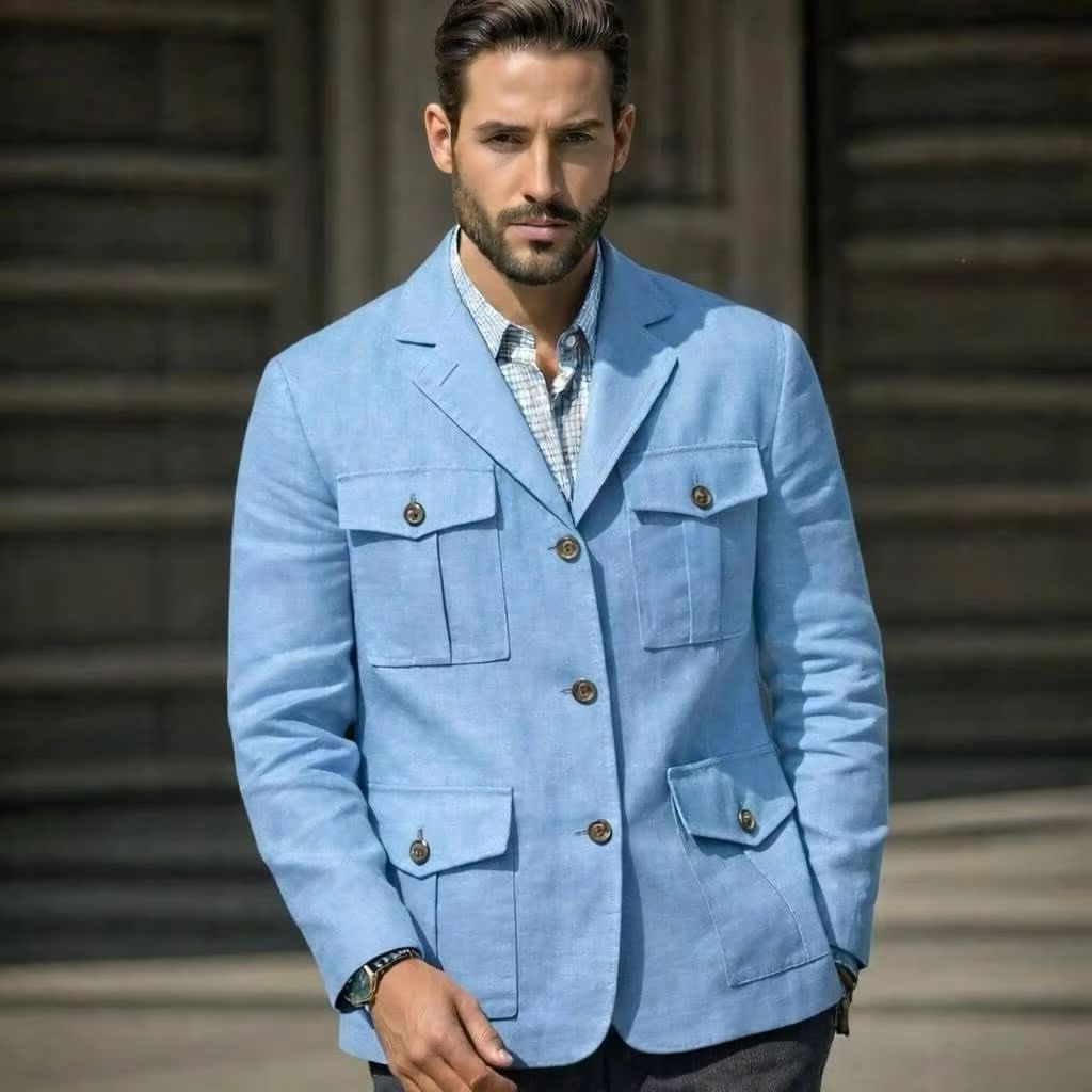سترة سفاري زرقاء من الكتان للر - مراجعة Men'S Formal Resort Wear وسعره